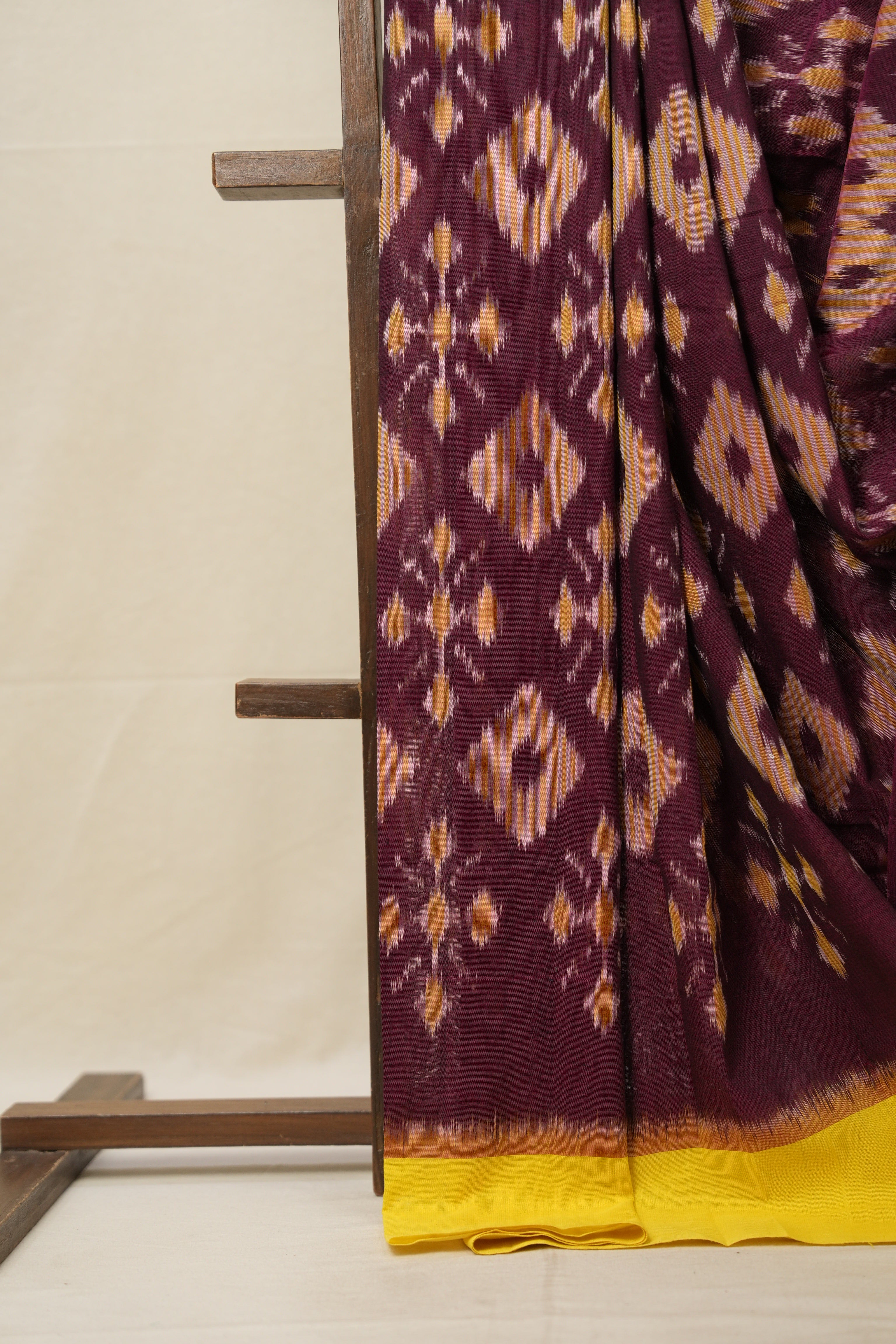 Maroon Yellow Pochampalli Cotton Ikat Saree - SRMYPCIS578