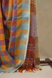 Multicolor Linen Saree With Tassels - SRMLS494