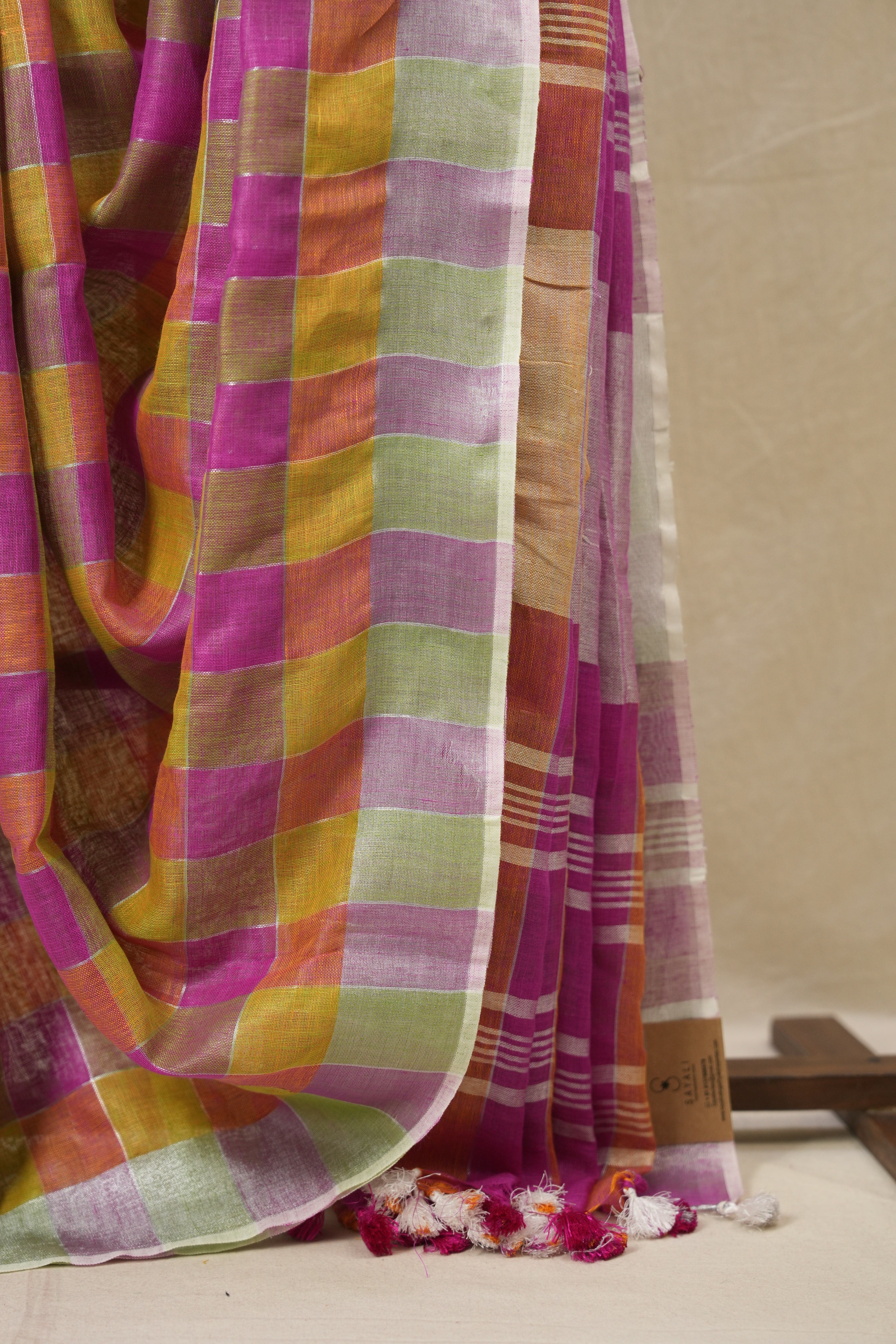 Multicolor Linen Saree With Tassels - SRMLS493