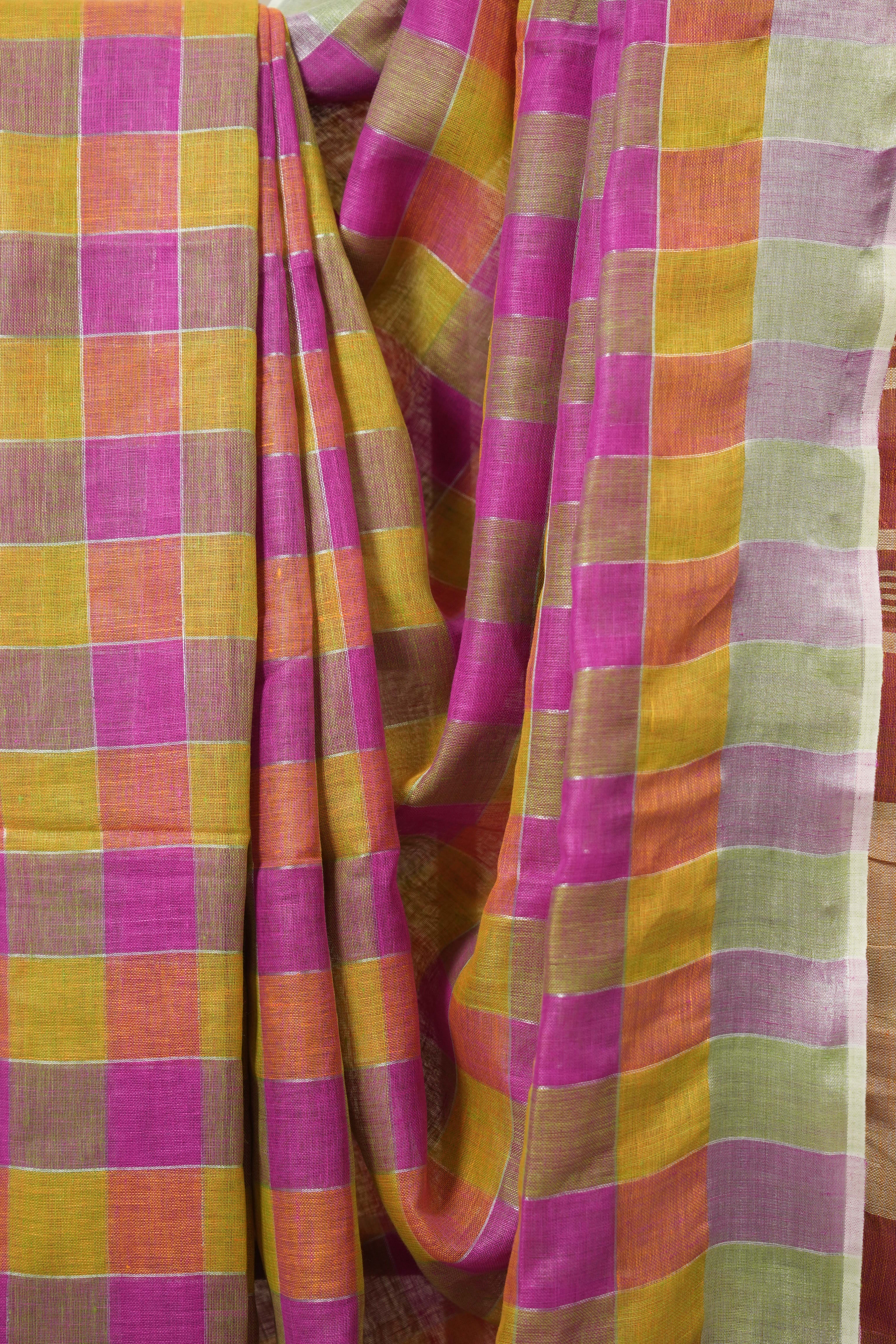 Multicolor Linen Saree With Tassels - SRMLS493