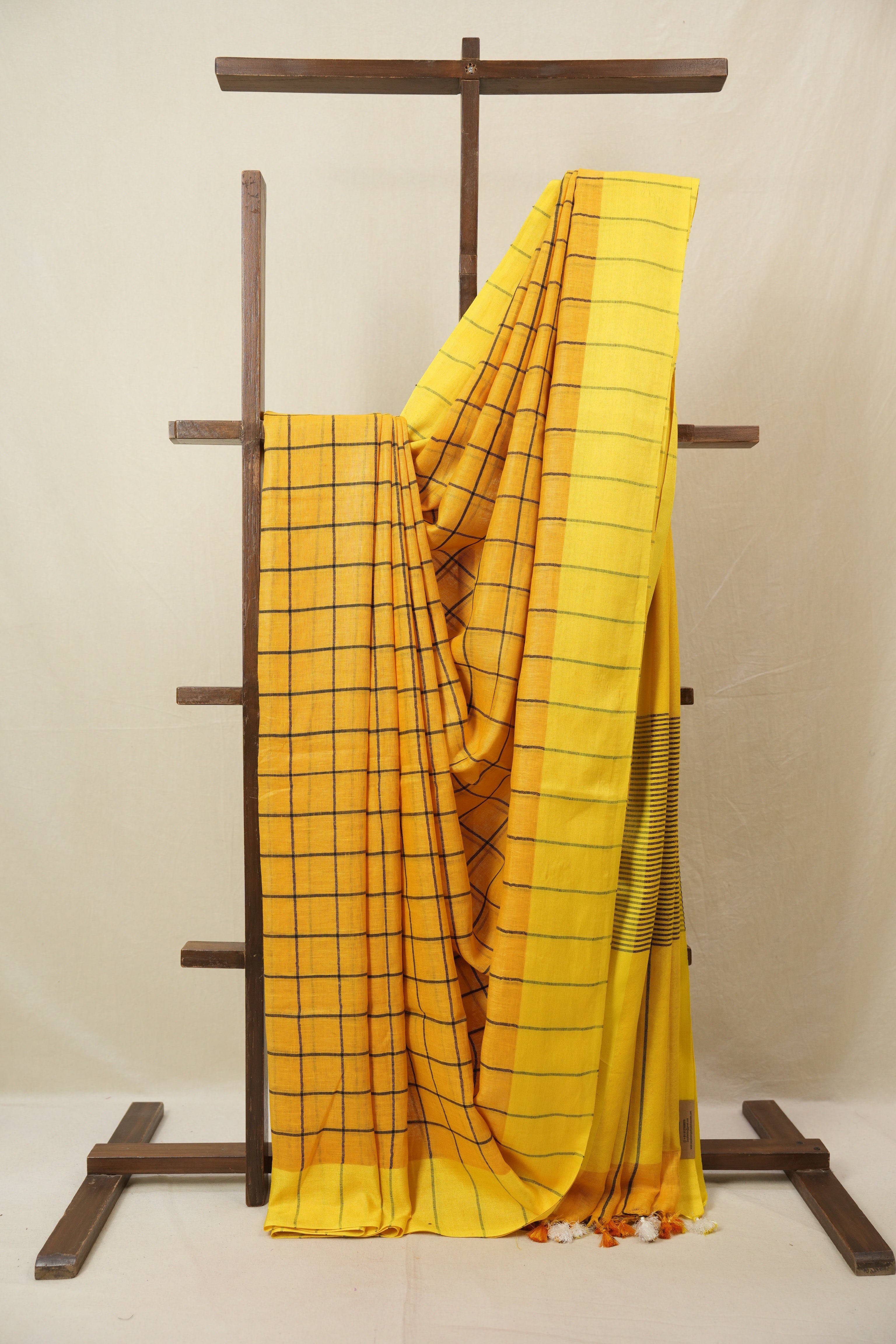 Mango Yellow Linen Saree With Tassels - SRMYLS478
