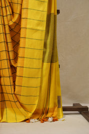 Mango Yellow Linen Saree With Tassels - SRMYLS478