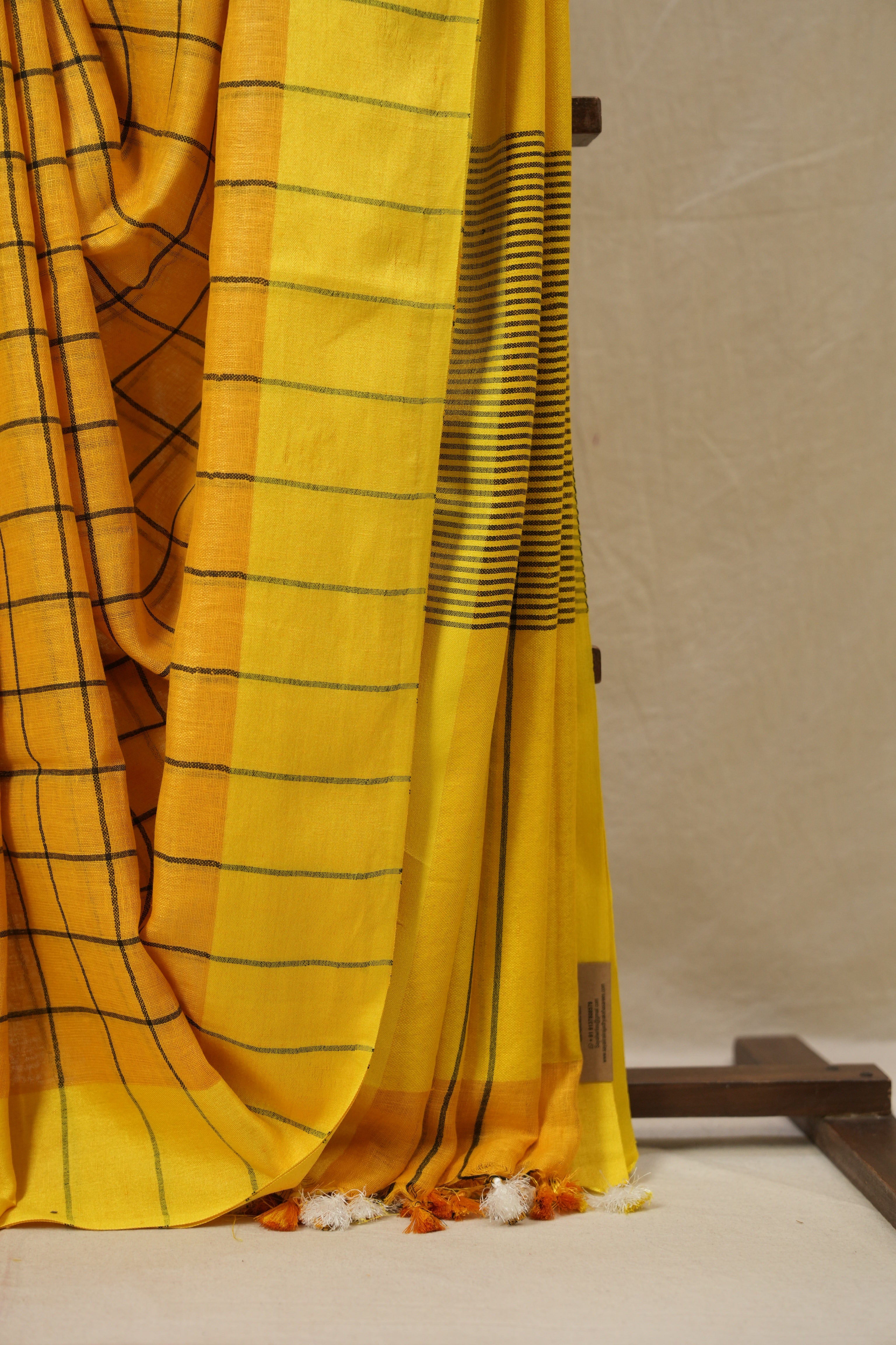 Mango Yellow Linen Saree With Tassels - SRMYLS478
