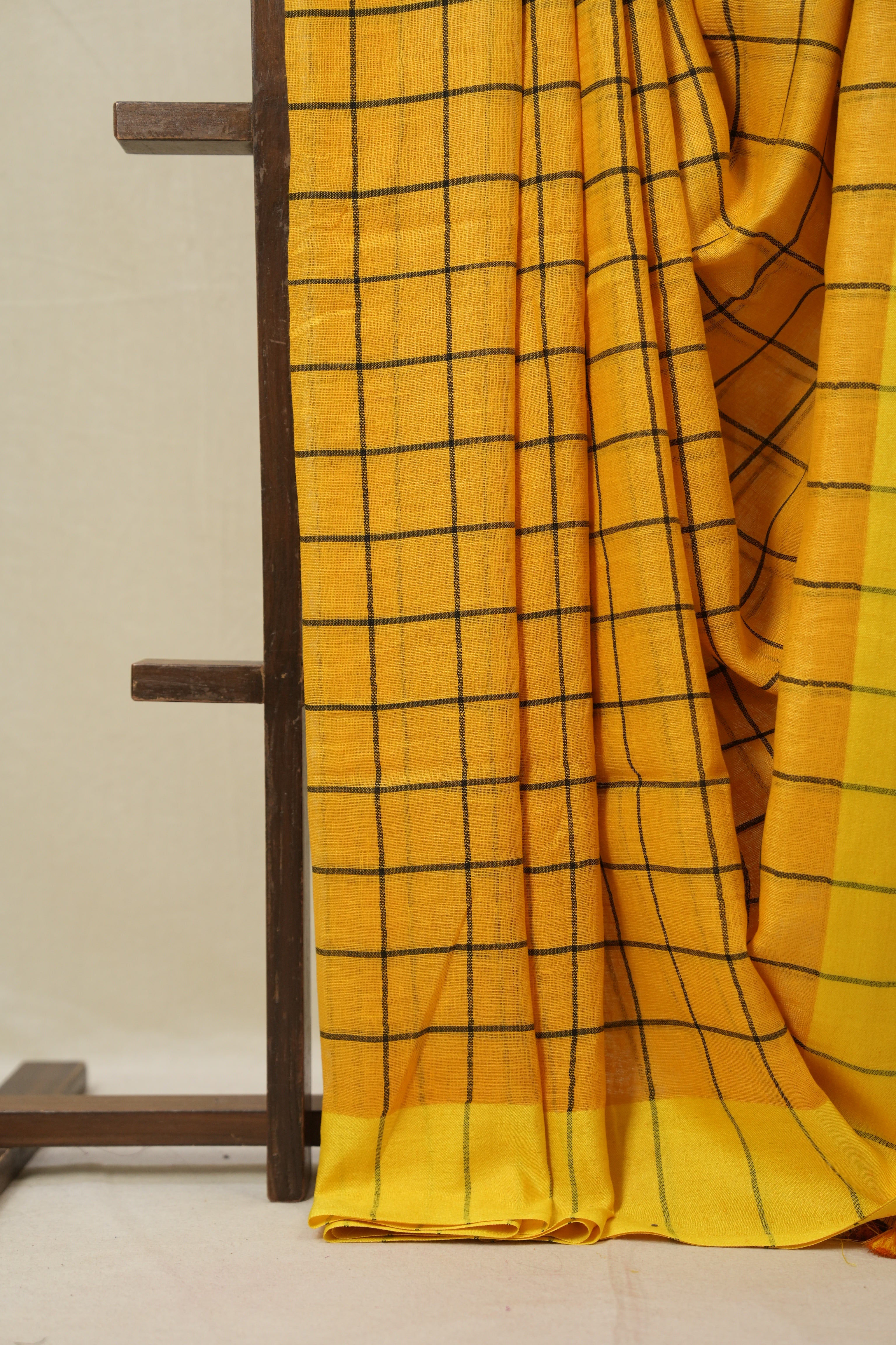 Mango Yellow Linen Saree With Tassels - SRMYLS478