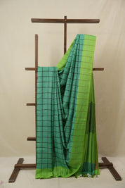 Green Linen Saree With Tassels - SRGLS479