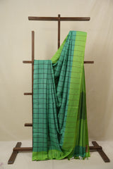 Green Linen Saree With Tassels - SRGLS479