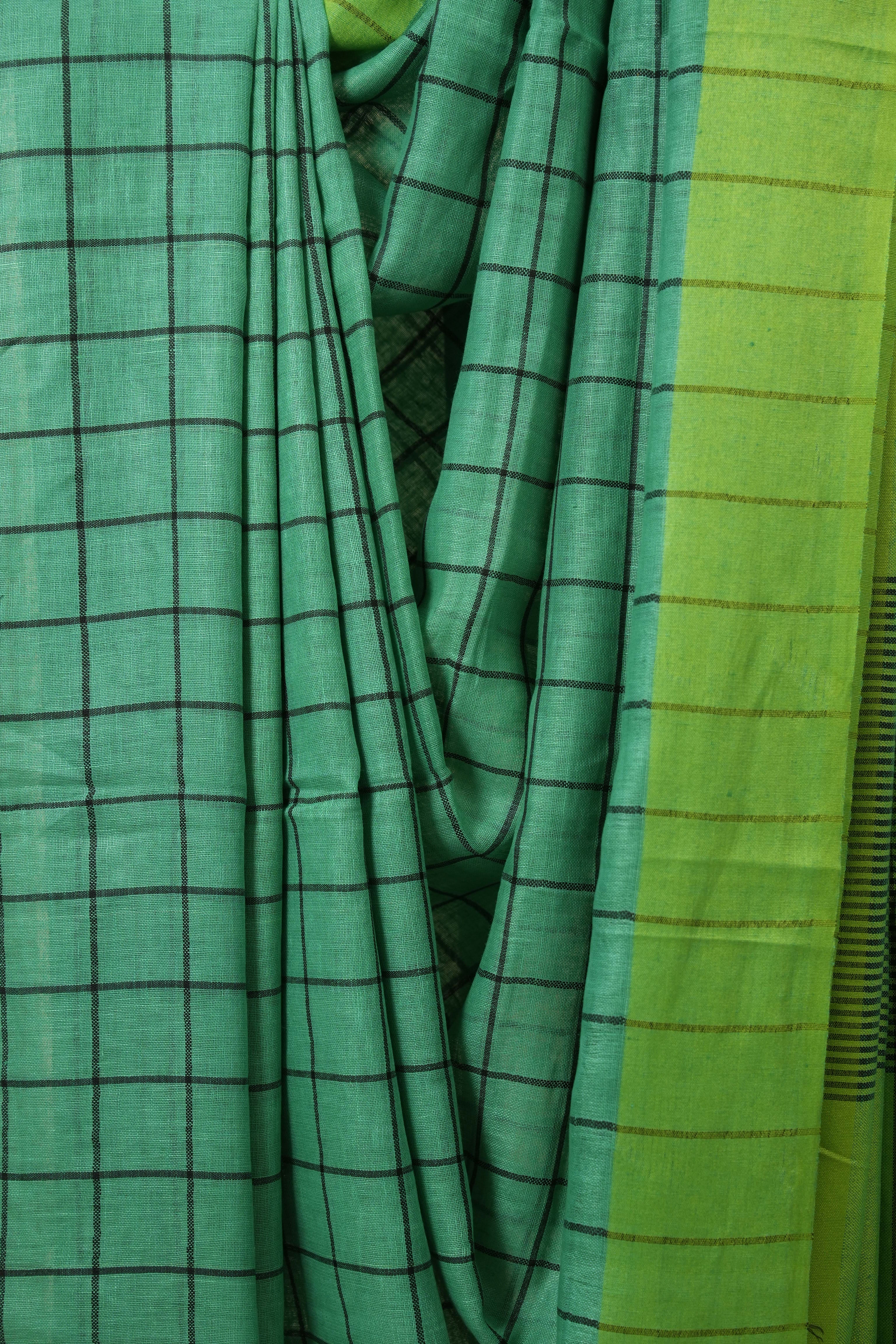 Green Linen Saree With Tassels - SRGLS479