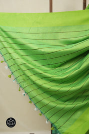 Green Linen Saree With Tassels - SRGLS479