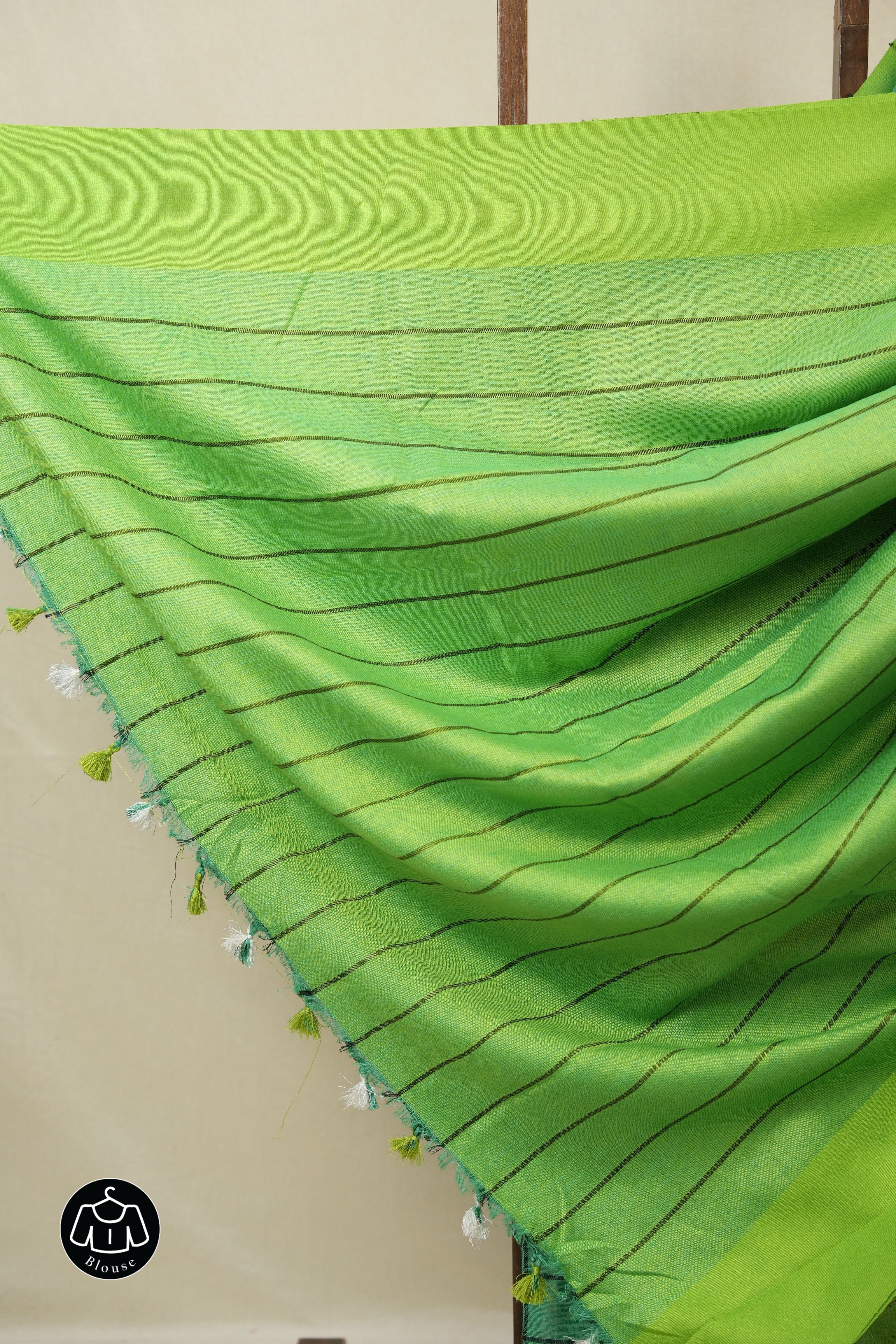 Green Linen Saree With Tassels - SRGLS479