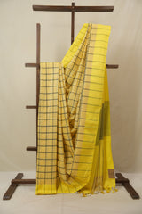 Cream Yellow Linen Saree With Tassels - SRCYLS480