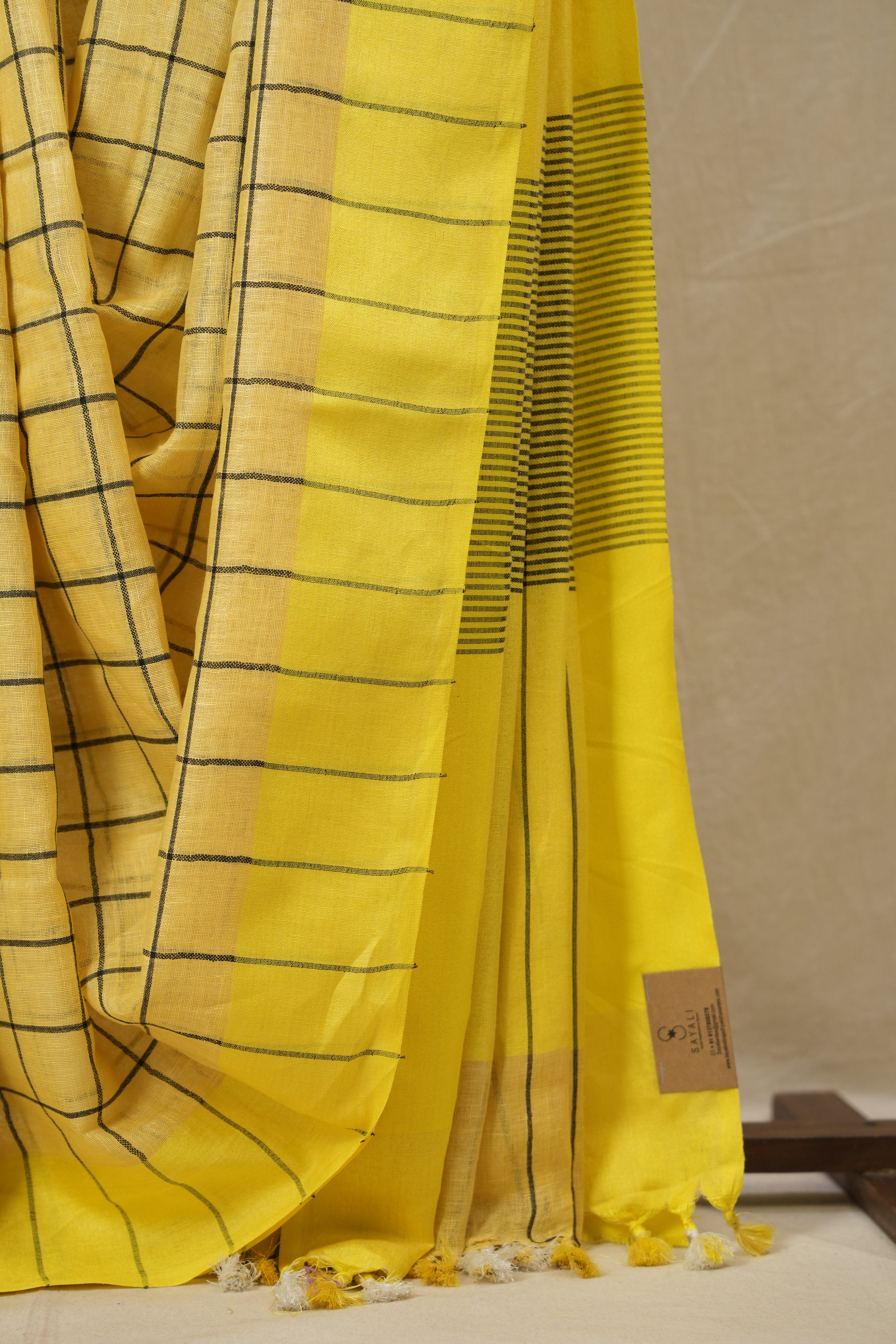 Cream Yellow Linen Saree With Tassels - SRCYLS480