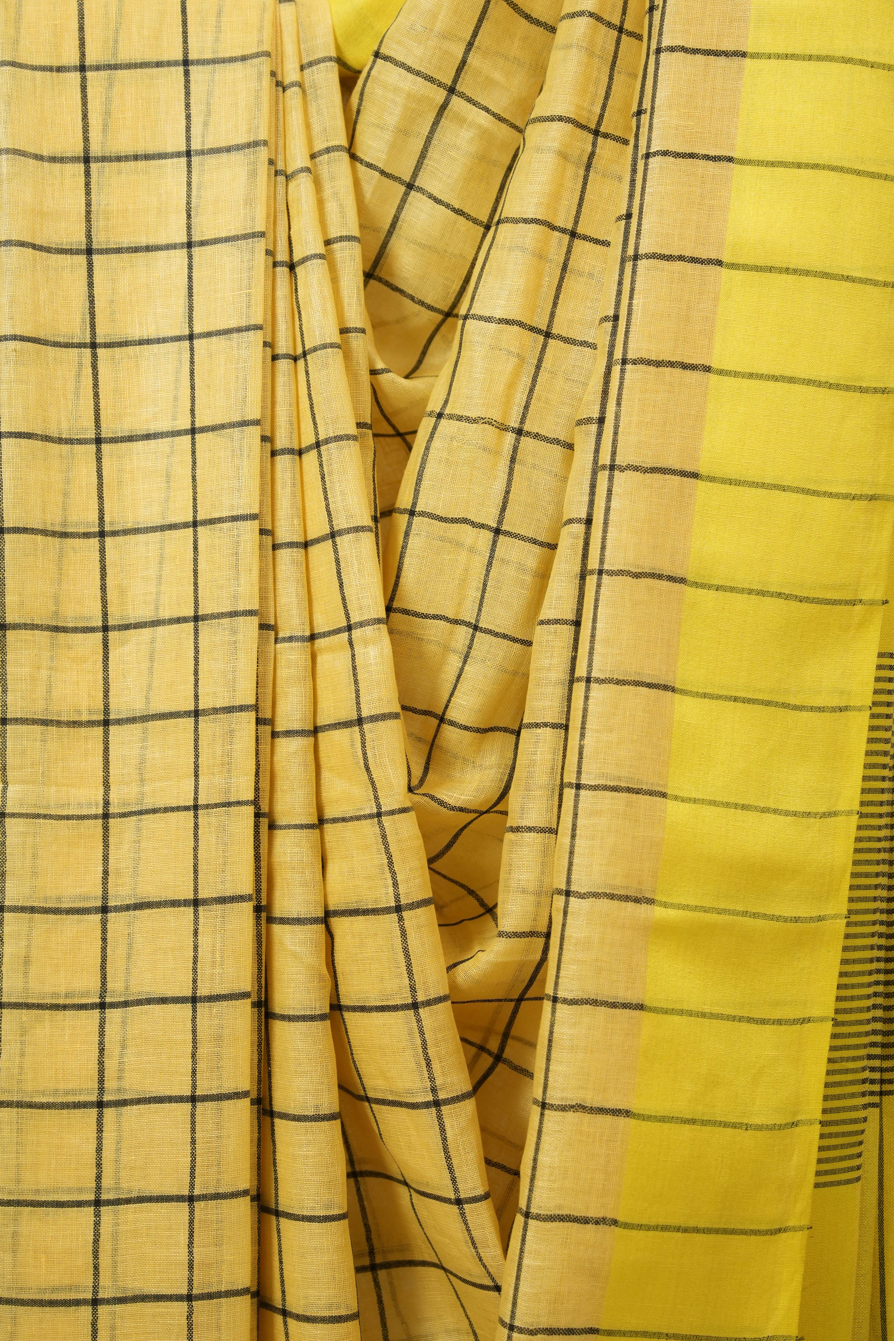 Cream Yellow Linen Saree With Tassels - SRCYLS480