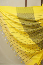 Cream Yellow Linen Saree With Tassels - SRCYLS480