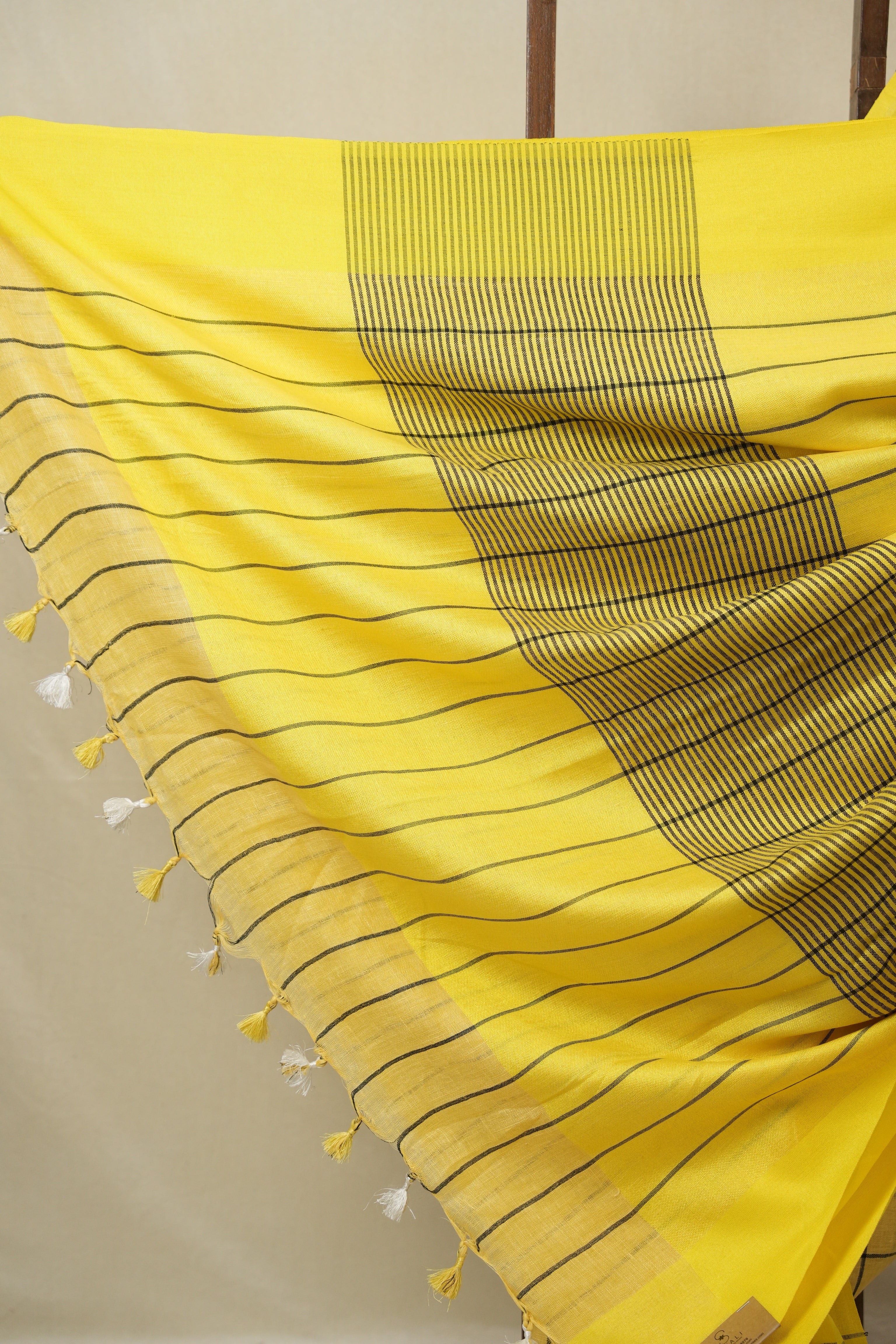 Cream Yellow Linen Saree With Tassels - SRCYLS480