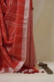 Red Linen Saree With Tassels - SRRLS499