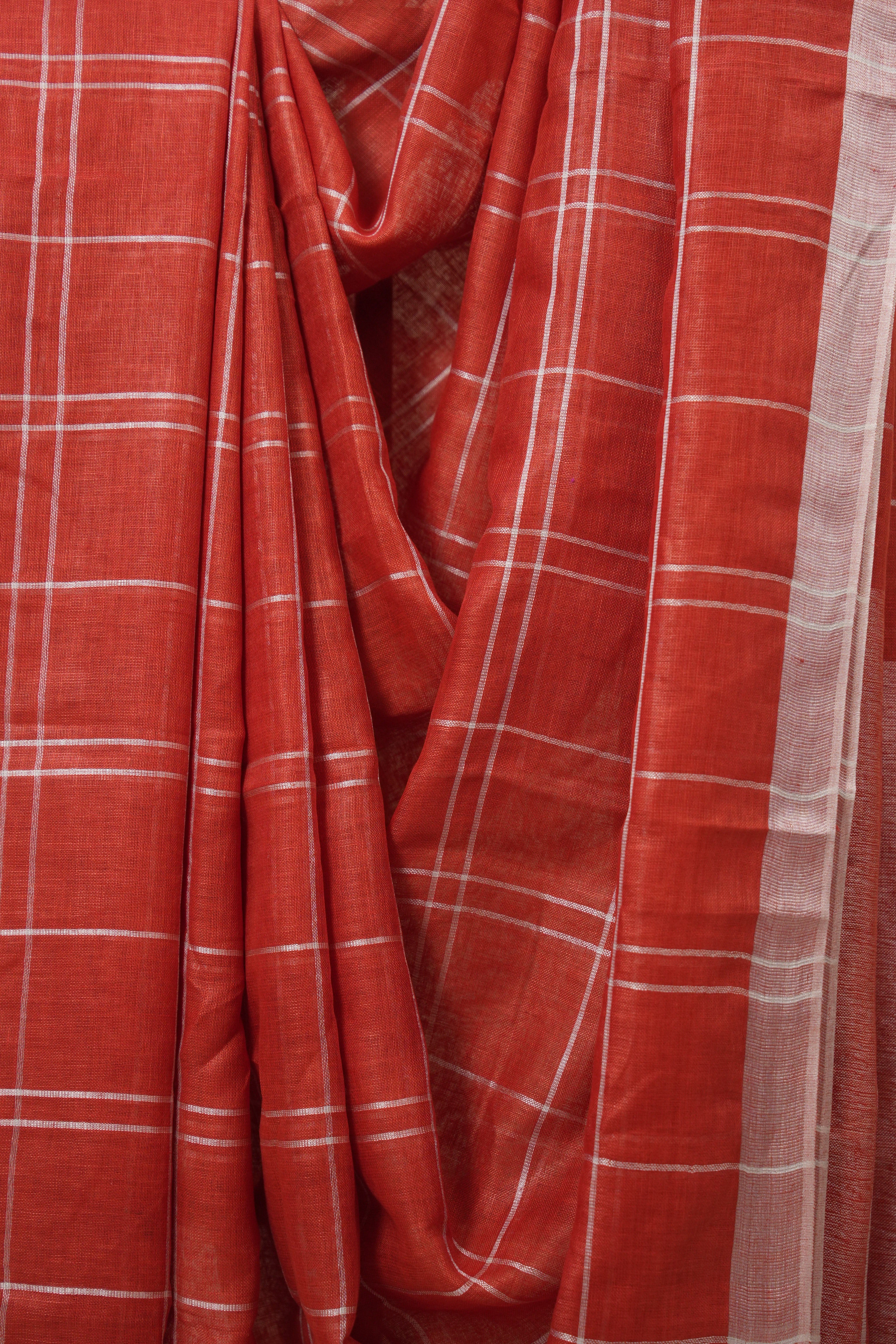 Red Linen Saree With Tassels - SRRLS499