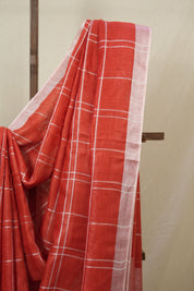Red Linen Saree With Tassels - SRRLS499