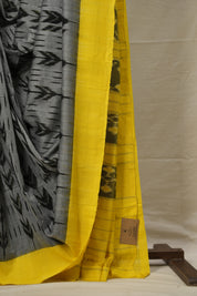 Grey -Yellow  Pochampalli Cotton Ikat Saree - SRGYPCIS593
