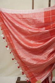 Red Linen Saree With Tassels - SRRLS499