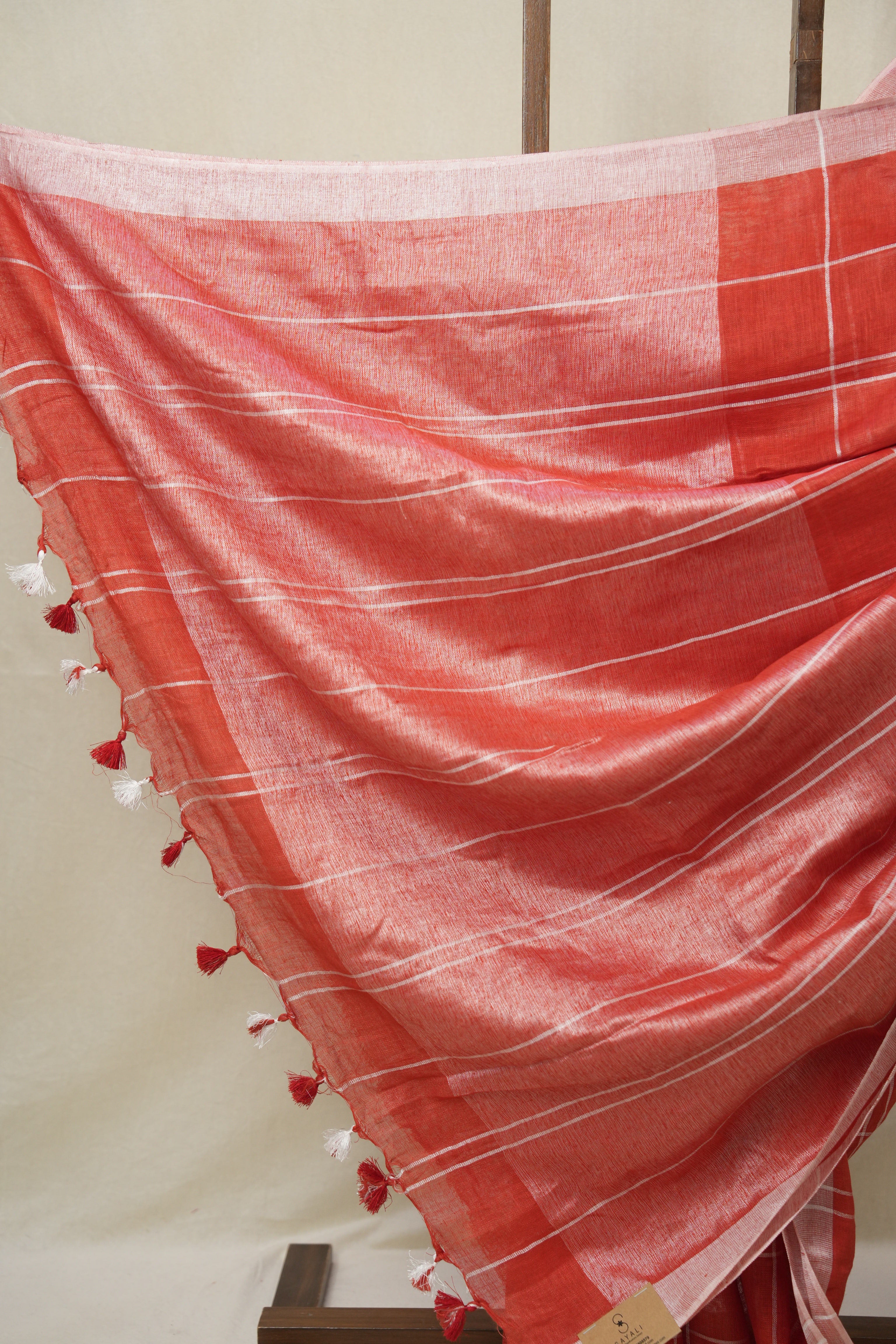 Red Linen Saree With Tassels - SRRLS499
