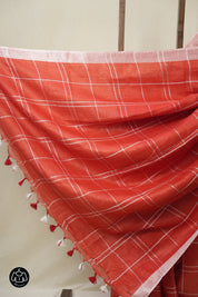 Red Linen Saree With Tassels - SRRLS499