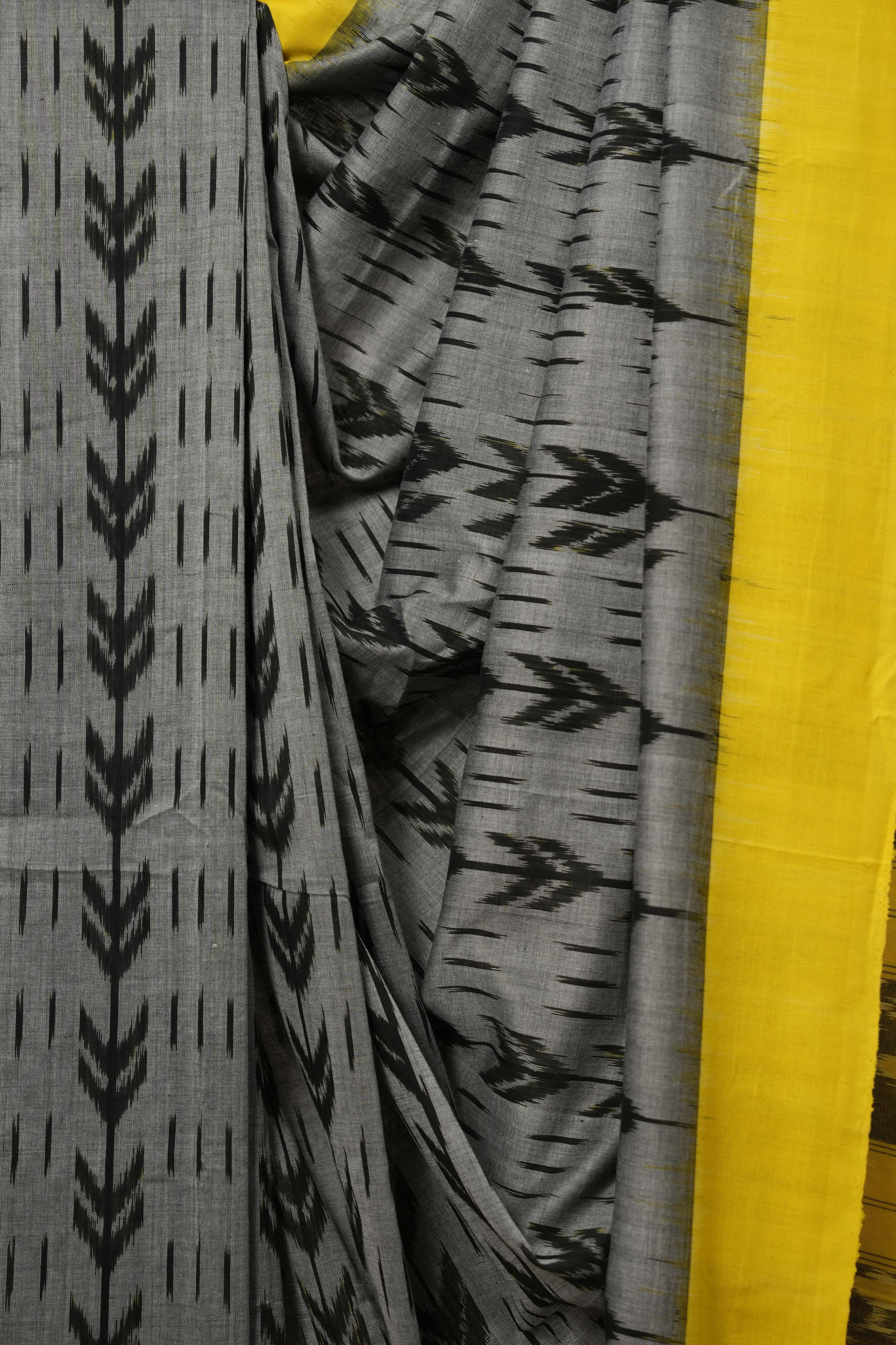 Grey -Yellow  Pochampalli Cotton Ikat Saree - SRGYPCIS593