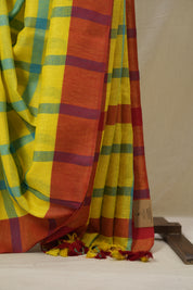 Yellow Blue Linen Saree With Tassels - SRYBLS501