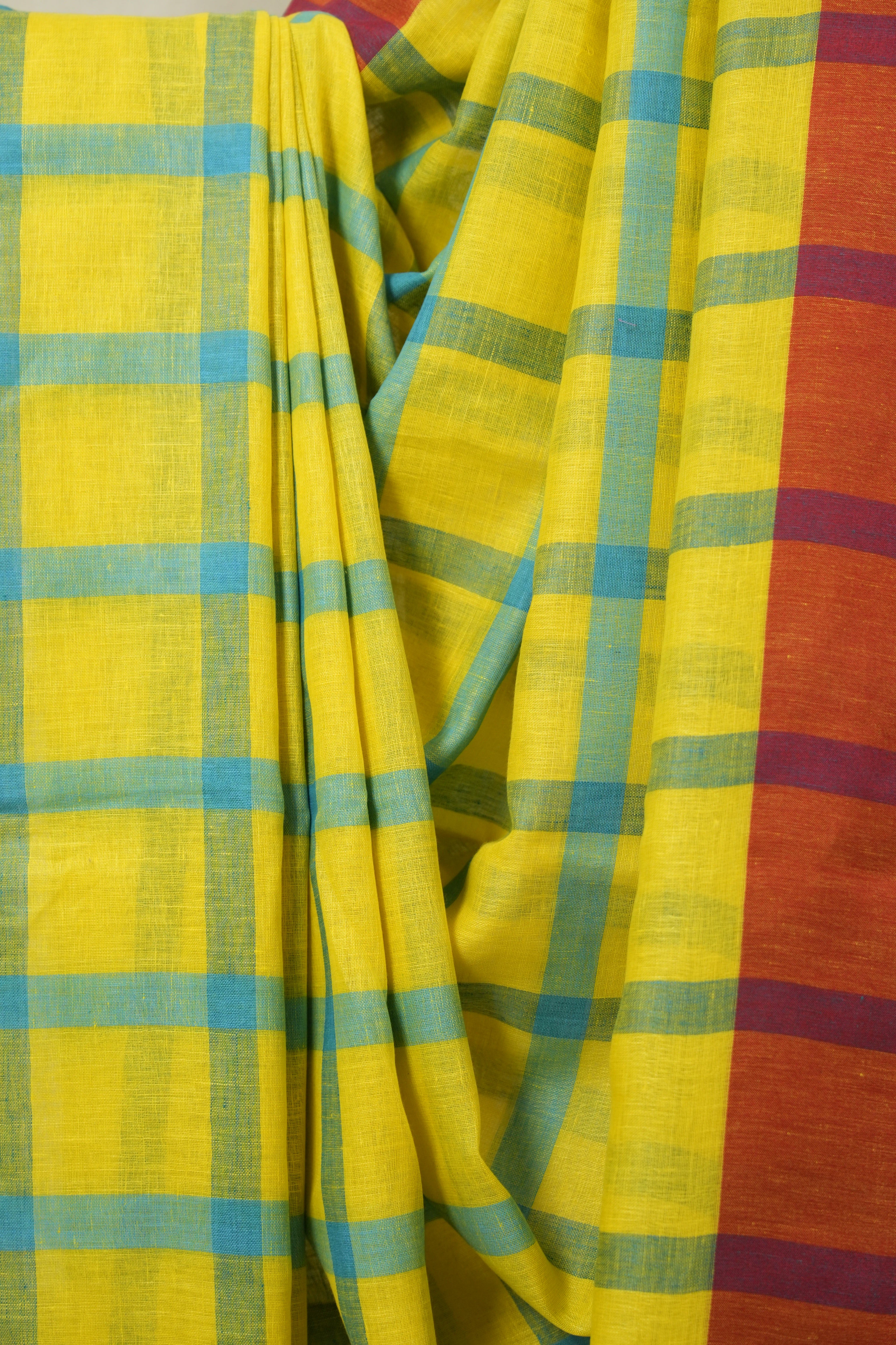 Yellow Blue Linen Saree With Tassels - SRYBLS501