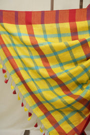 Yellow Blue Linen Saree With Tassels - SRYBLS501