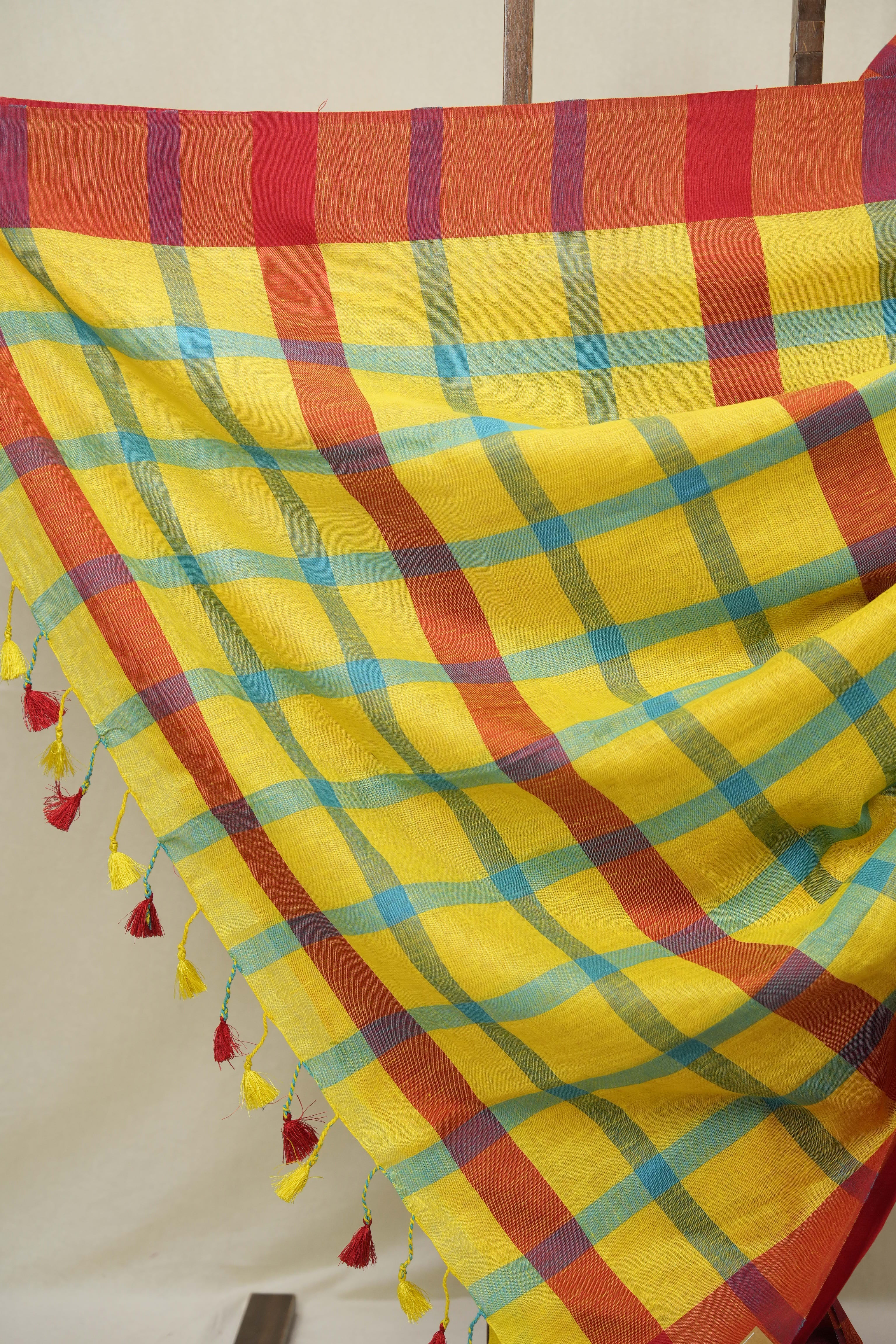 Yellow Blue Linen Saree With Tassels - SRYBLS501