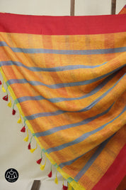 Yellow Blue Linen Saree With Tassels - SRYBLS501