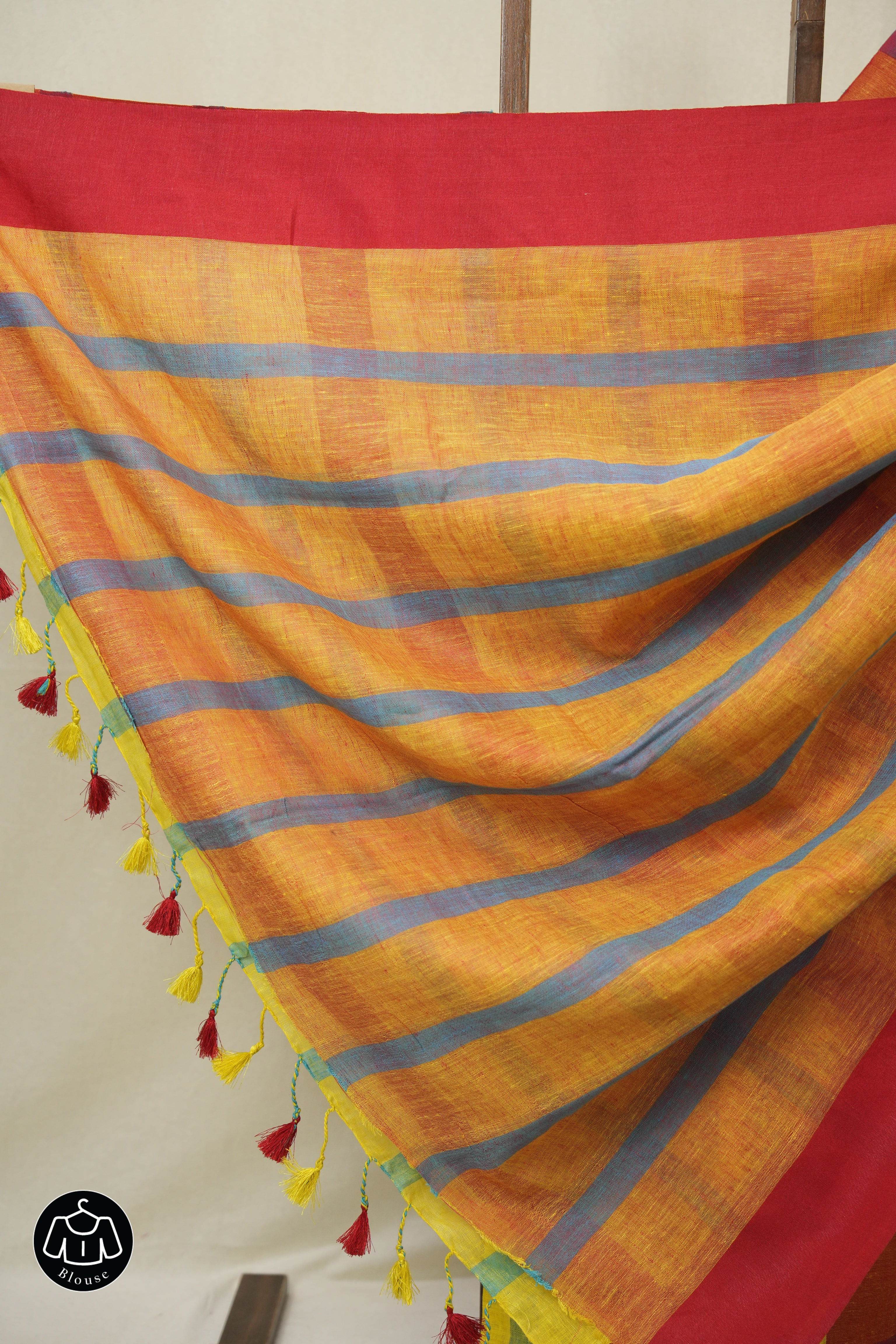 Yellow Blue Linen Saree With Tassels - SRYBLS501