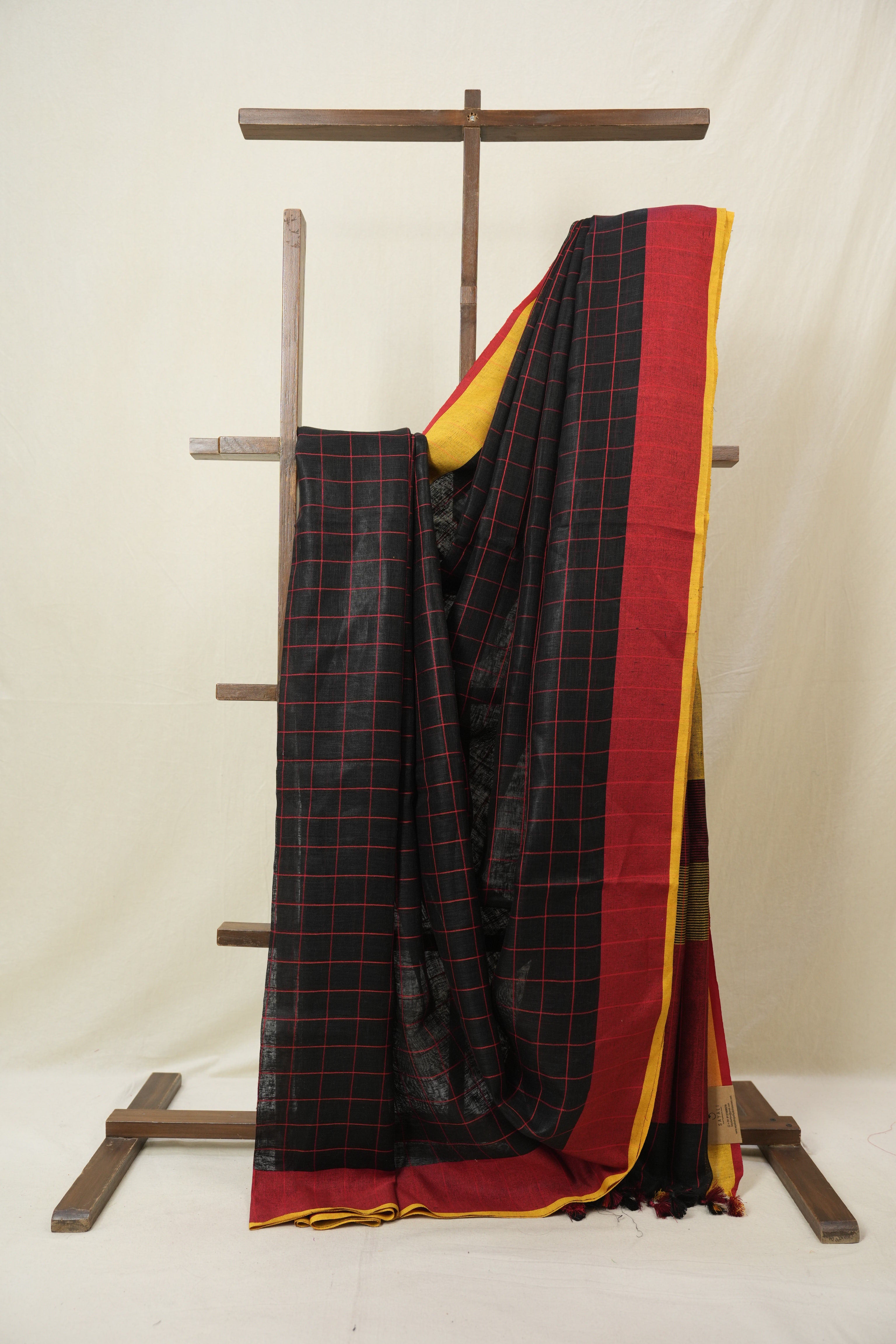 Black Linen Saree With Tassels - SRBLS502