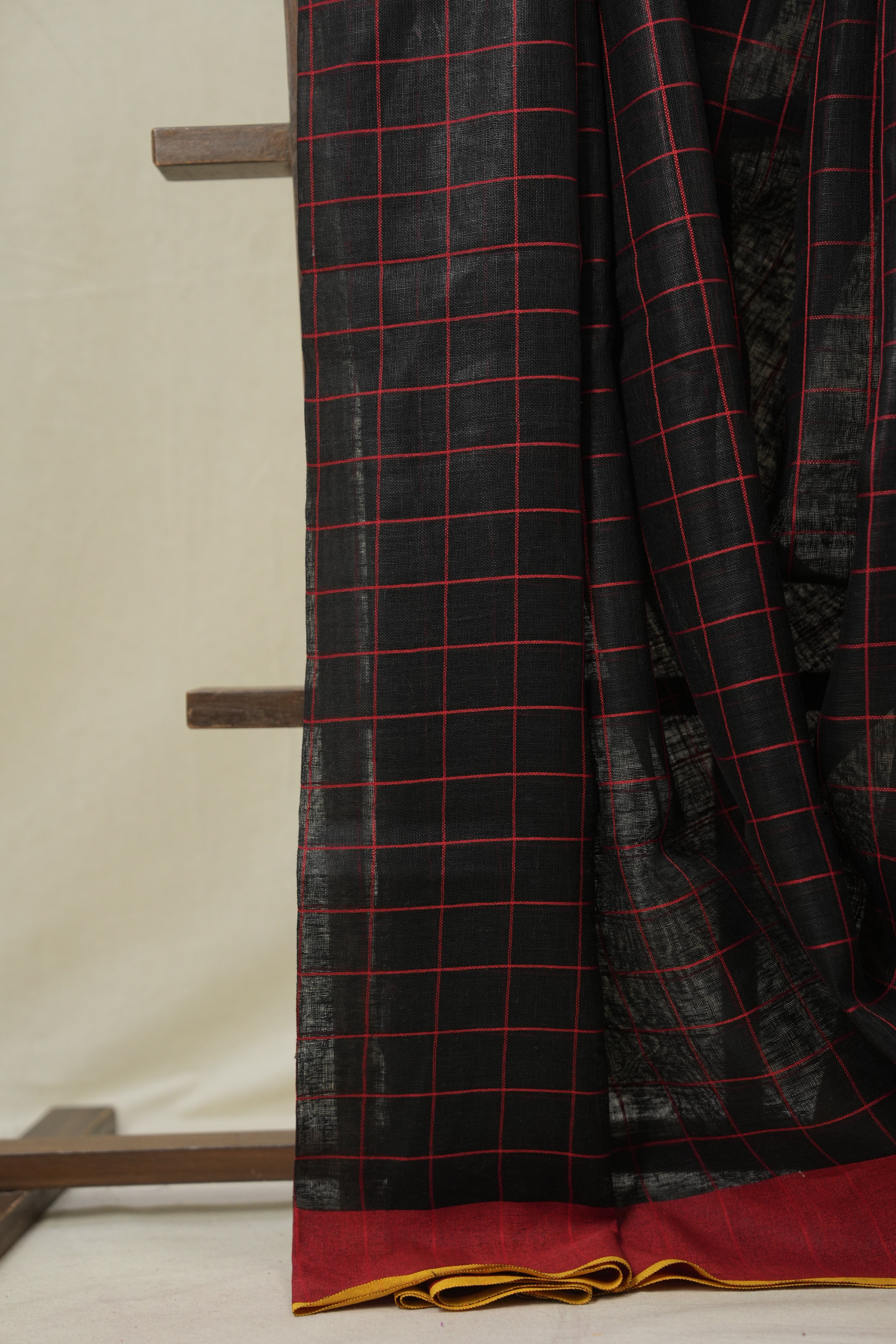 Black Linen Saree With Tassels - SRBLS502