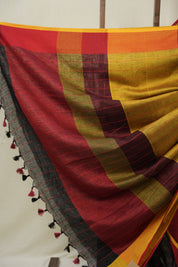 Black Linen Saree With Tassels - SRBLS502