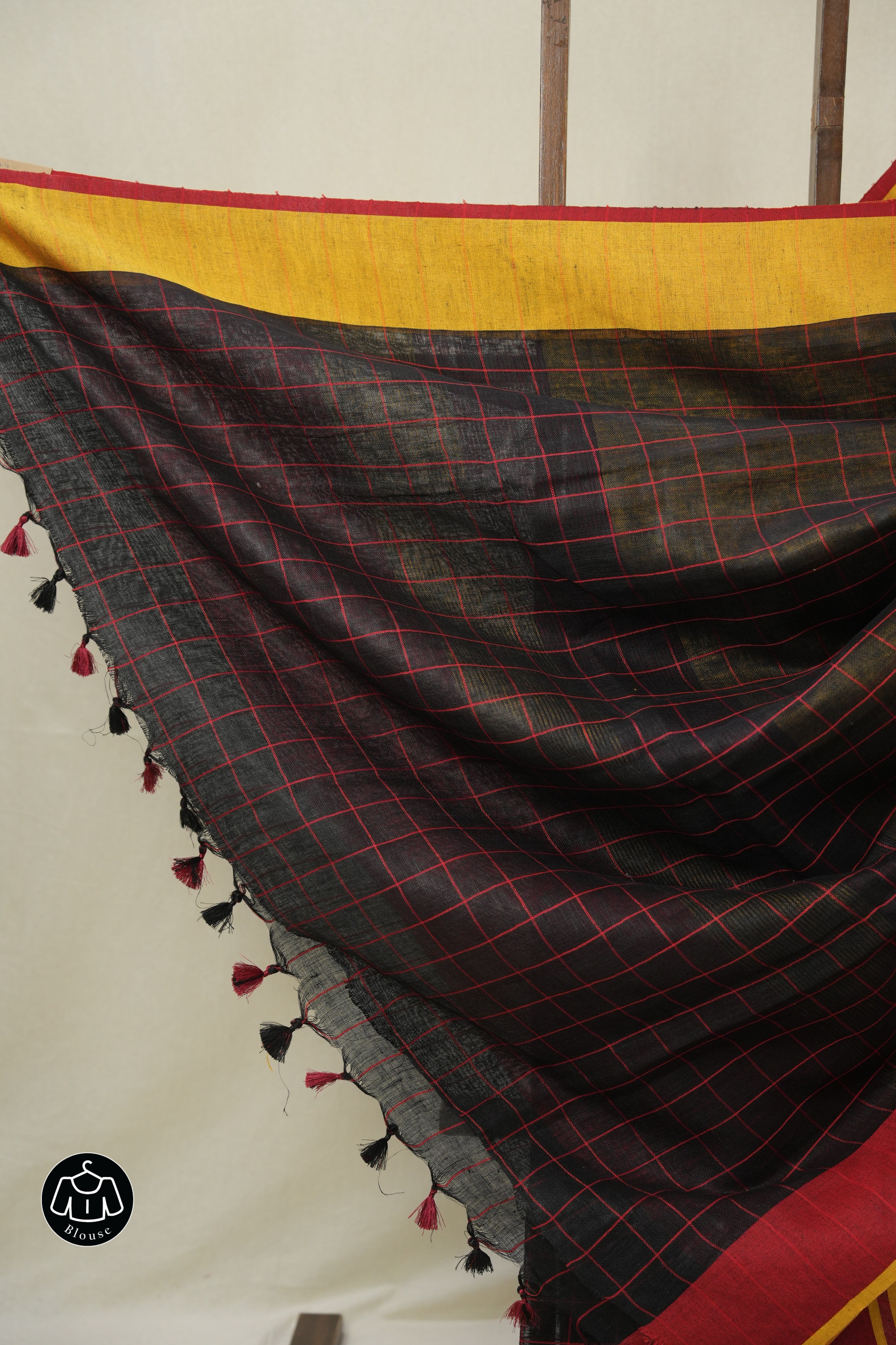 Black Linen Saree With Tassels - SRBLS502