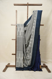 Grey Teal Blue Pochampalli Cotton Ikat Saree - SRGTBPCIS589