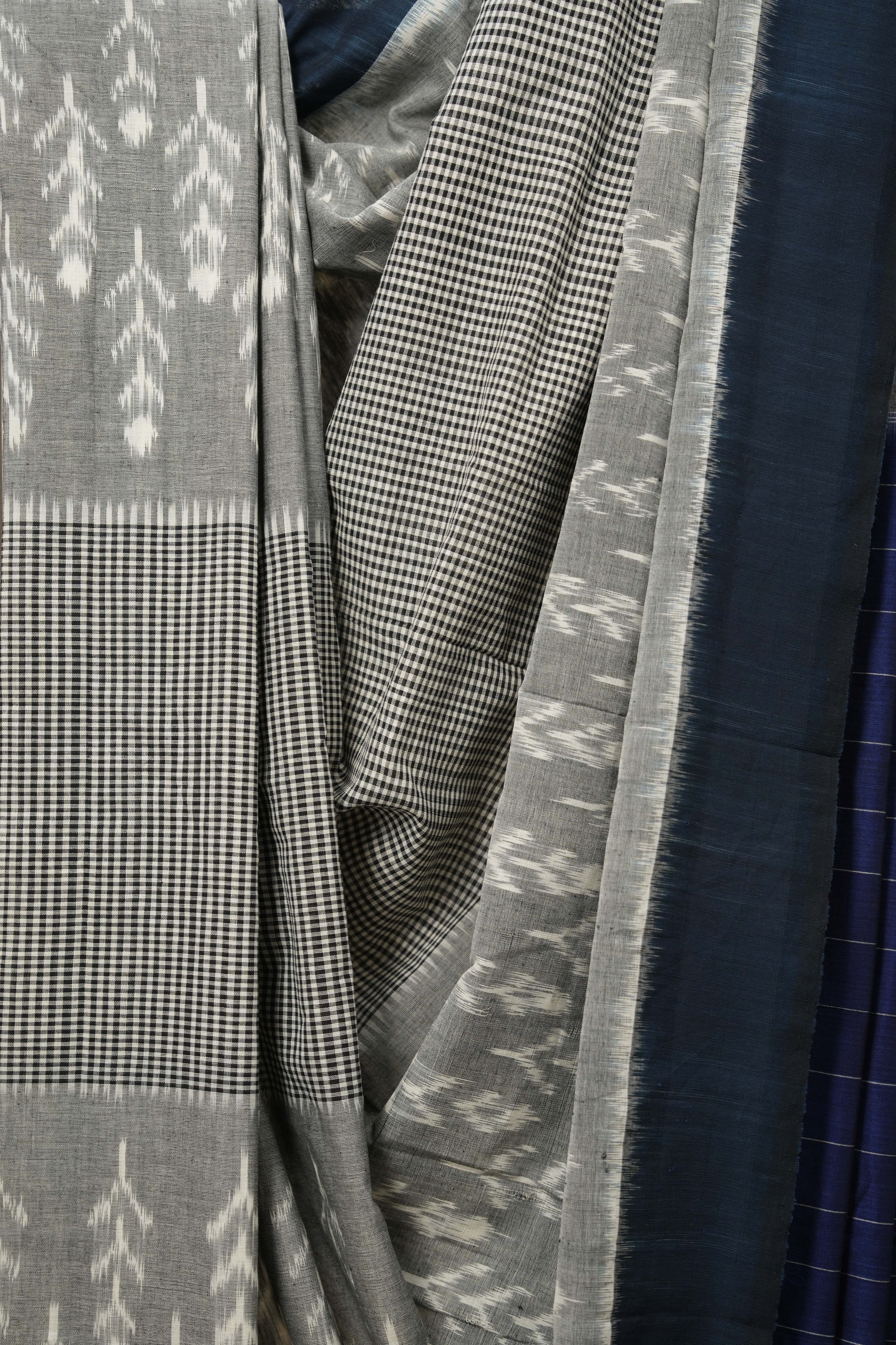 Grey Teal Blue Pochampalli Cotton Ikat Saree - SRGTBPCIS589