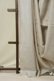 Ivory Plain Tissue Linen Saree With Tassels - SRIPTLS299