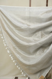 Ivory Plain Tissue Linen Saree With Tassels - SRIPTLS299