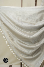 Ivory Plain Tissue Linen Saree With Tassels - SRIPTLS299
