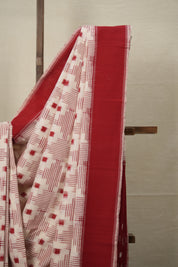 Red White Pochampalli Cotton Ikat Saree - SRRWPCIS586