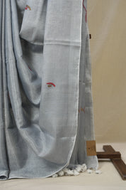 Ash grey Tissue Linen Jamdani Saree - SRAGTLJS186