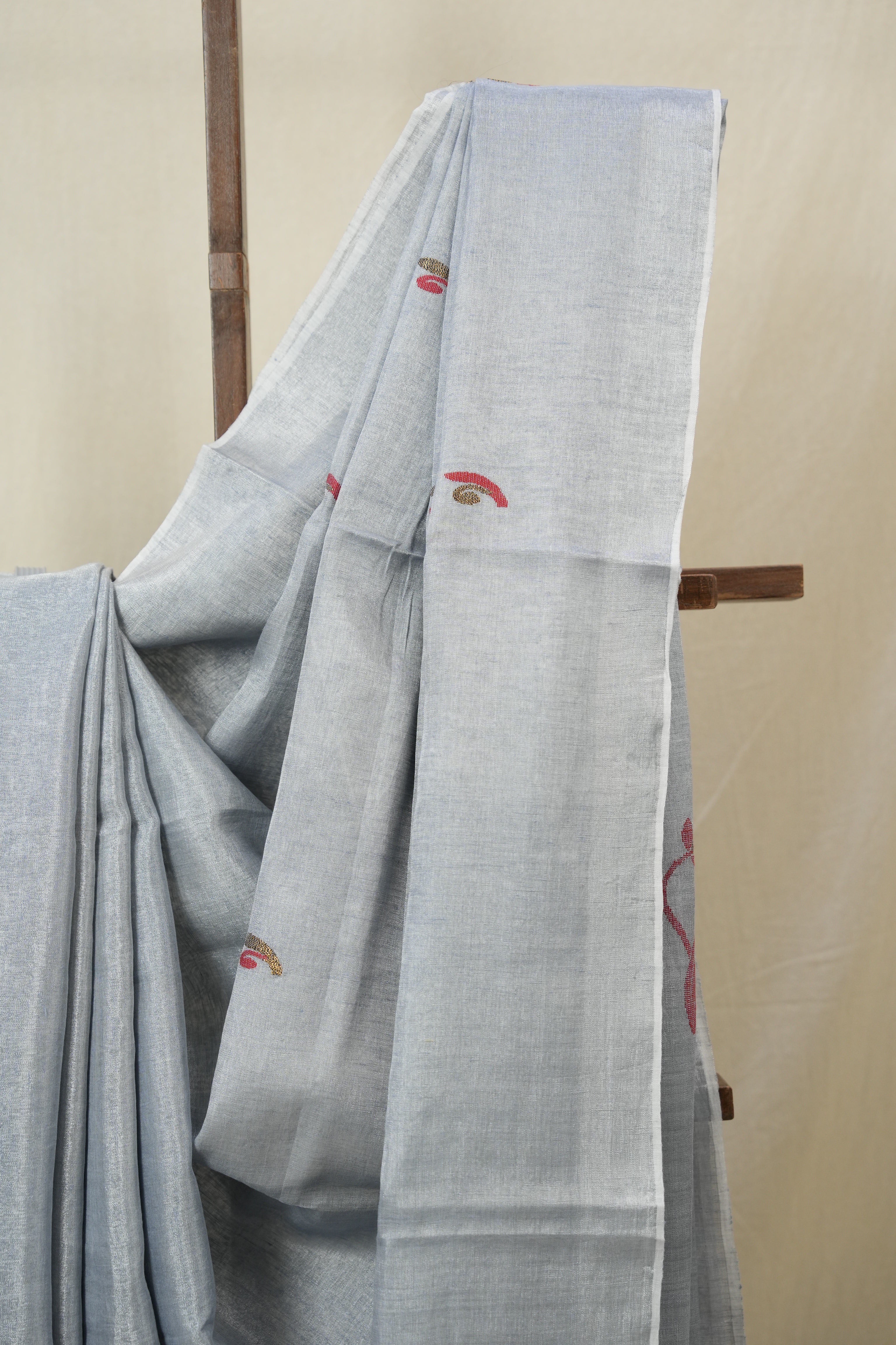 Ash grey Tissue Linen Jamdani Saree - SRAGTLJS186