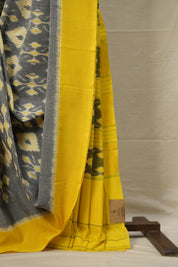 Yellow-Grey Pochampalli Cotton Ikat Saree - SRYGPCIS612