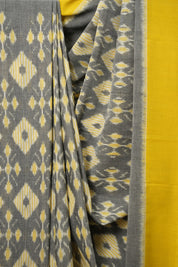 Yellow-Grey Pochampalli Cotton Ikat Saree - SRYGPCIS612