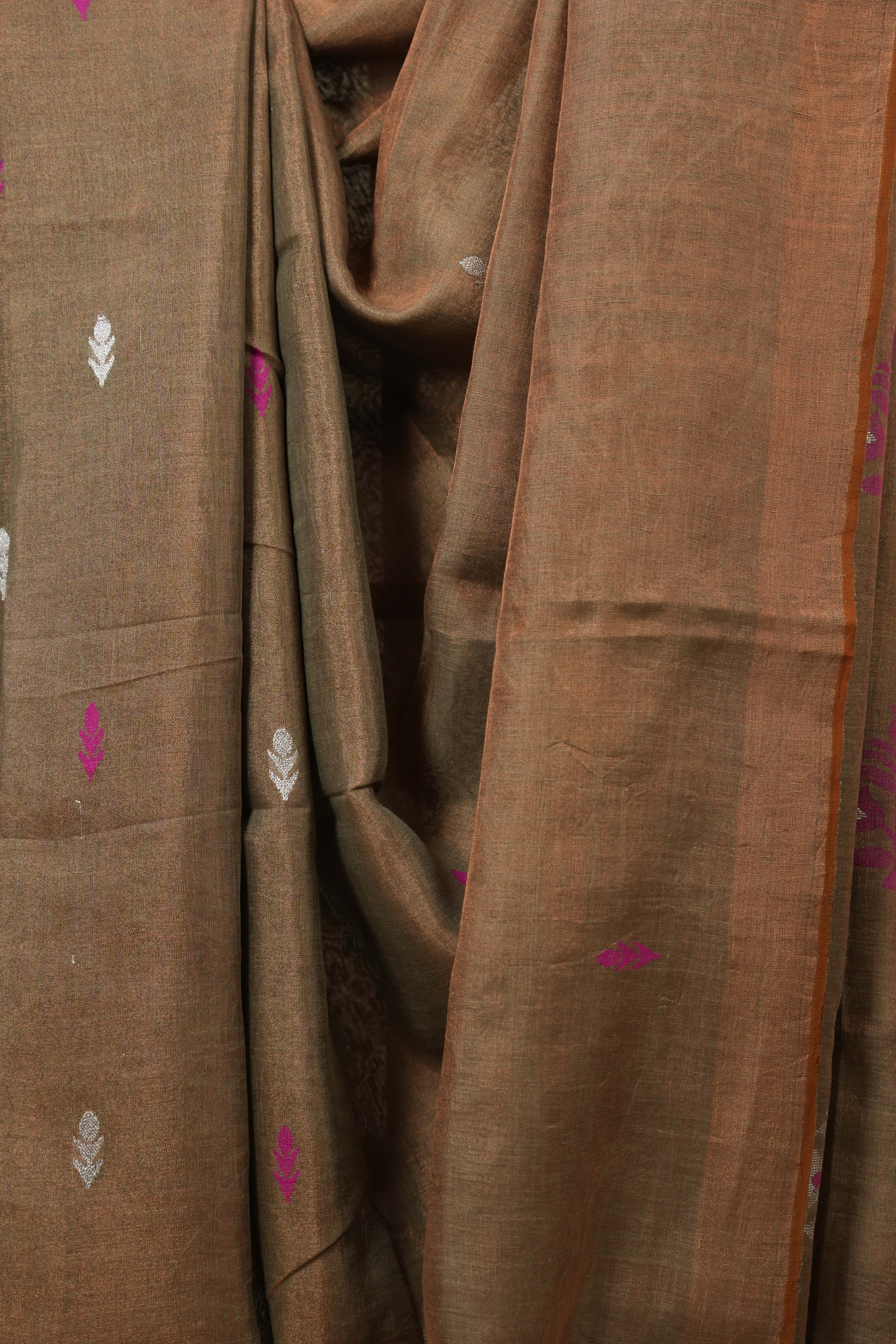 Orange Beige Linen Jamdani Saree - SROBTLJS182