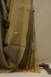 Mustard Tissue Linen Jamdani Saree - SRMTLJS179