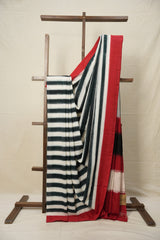 Green White Stripes Pochampalli Cotton Ikat Saree - SRGWSPCIS605