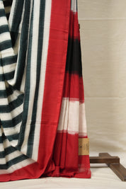 Green White Stripes Pochampalli Cotton Ikat Saree - SRGWSPCIS605